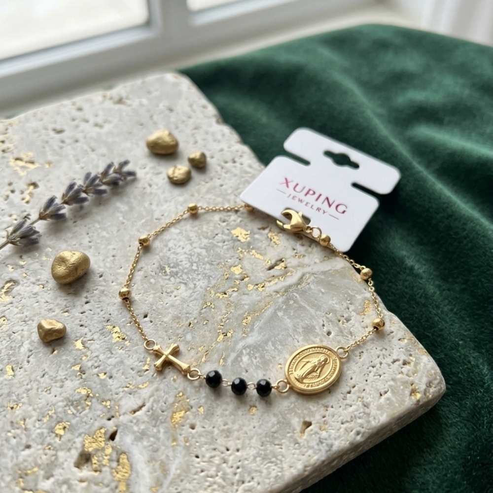 Xuping Gold Bracelet with Black Beads and Religious Medal